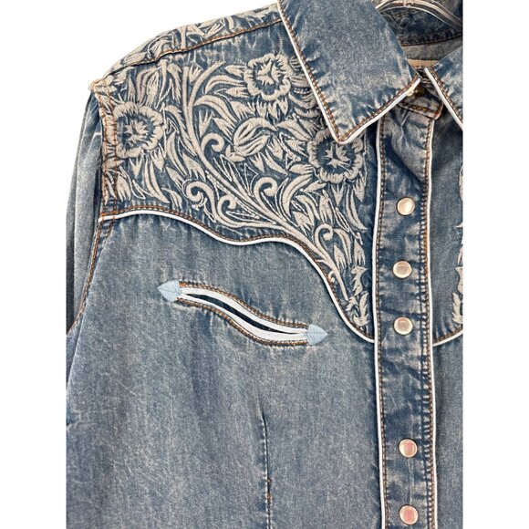 RockyMount Ranch Wear Women Denim Tooling Embroidered Western Shirt Pearl Snap L - Picture 4 of 8